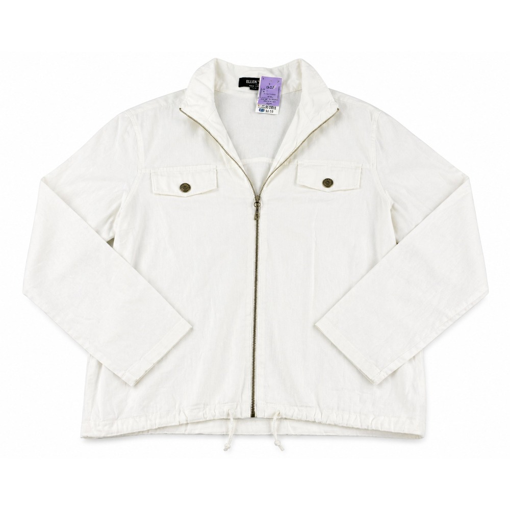Ellen Tracy Womens Jacket‎ Large White Linen Zip Up Lightweight Chic Old Money